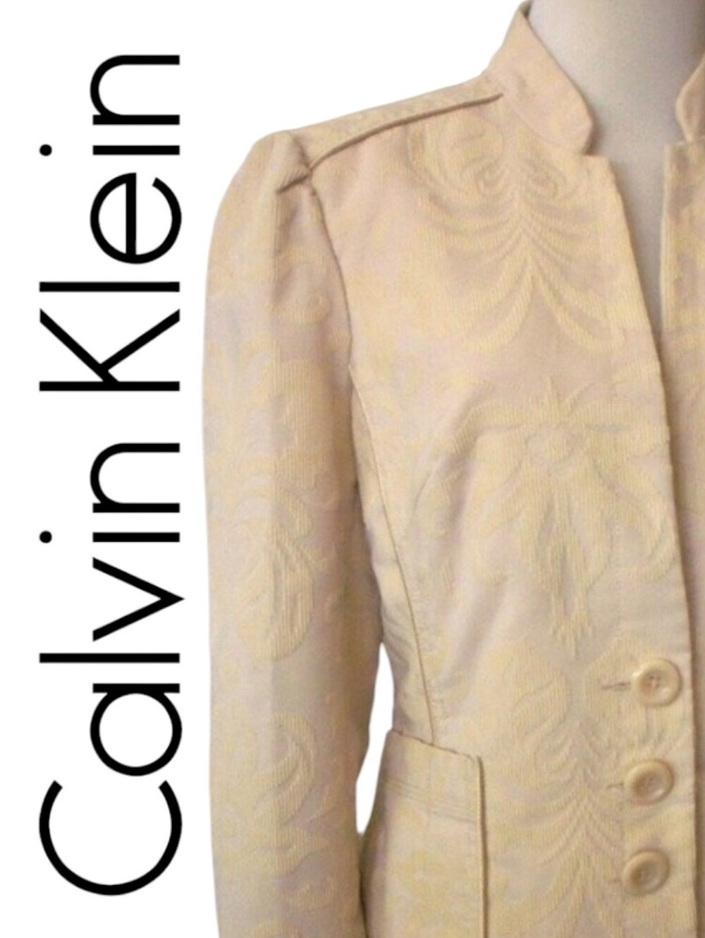 CK BLAZER JACQUARD CAMEL TAN SUIT COAT STAND UP COLLAR MEDIUM WOMEN'S M
